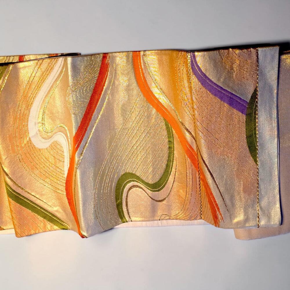 VTG Japanese Fukuro Obi Gold Metallic Brocade Silk 162" Kimono Sash Wall Hanging - Picture 8 of 13